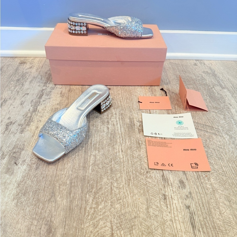 Miu Miu Silver Glitter & Crystal Slip-On Mules NWT
